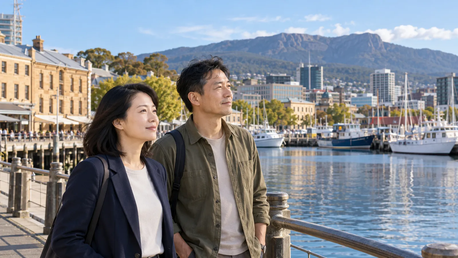 兩位台灣成年人站在陽光下的霍巴特港邊，遠處可見船隻、市區與山巒。