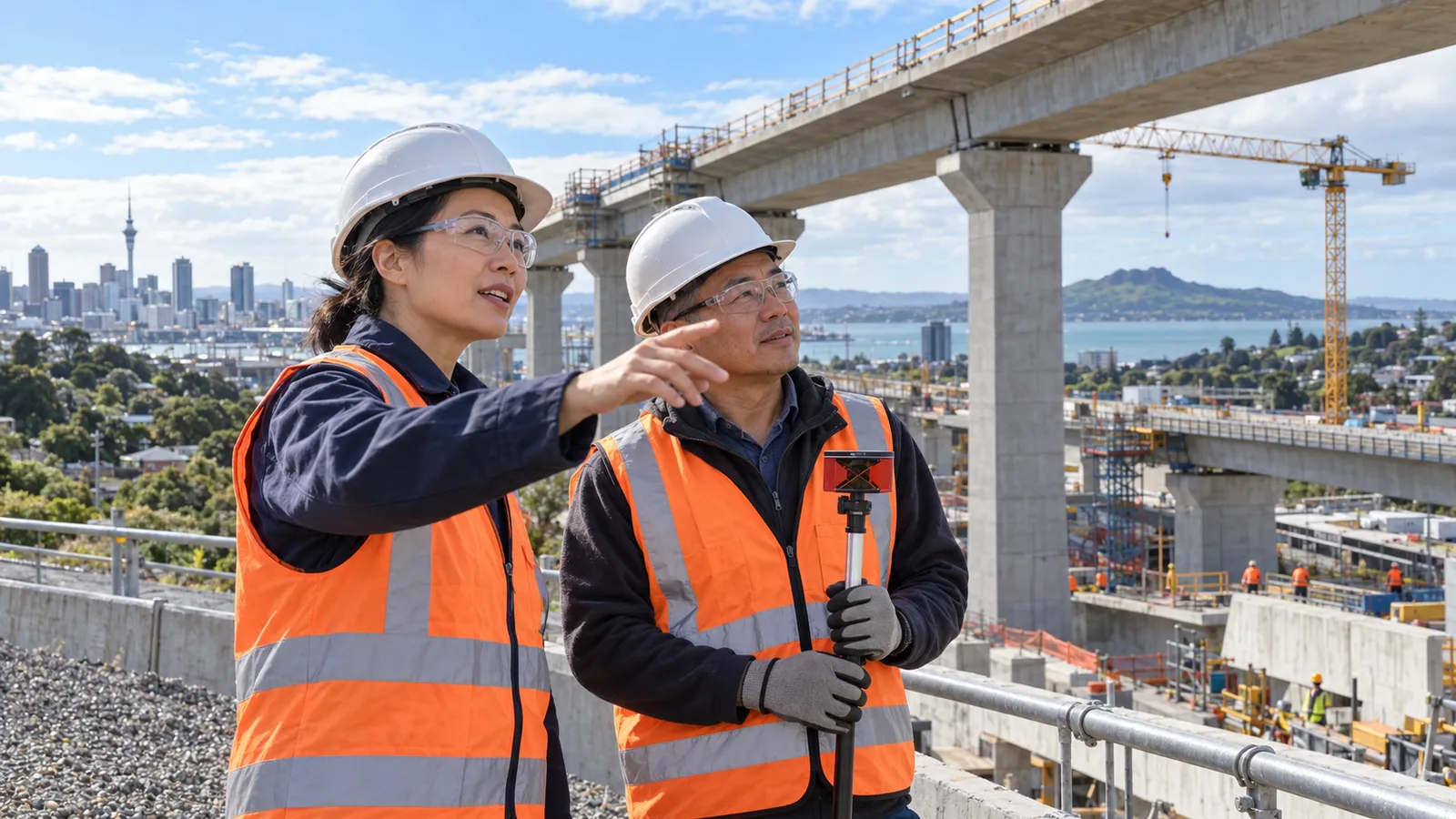 兩名戴著安全帽、穿著反光背心的台灣專業人員,在奧克蘭高架橋工地查看施工情況。