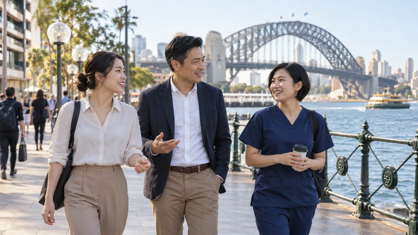 三名台灣專業人士在雪梨港邊微笑交談，身後是陽光下的港灣大橋。