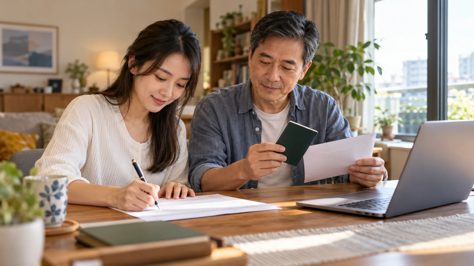 一位台灣年輕女性在家中書桌前填寫文件，身旁的中年男子拿著護照與信封核對資料，桌上放著筆電。