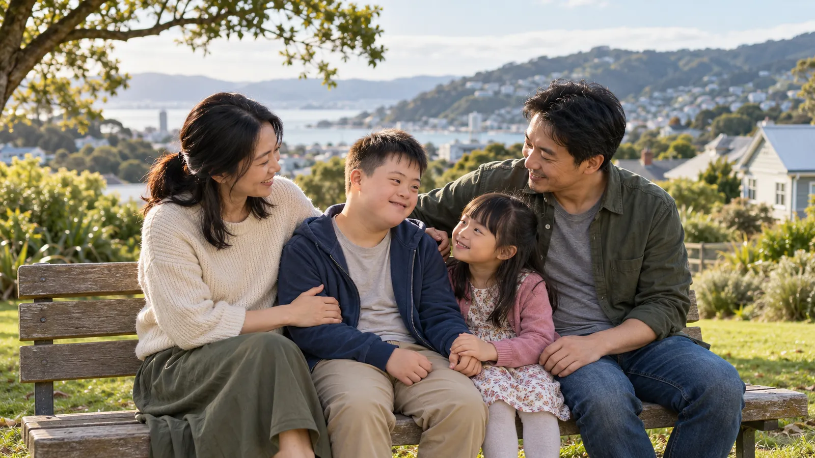 一家四口坐在陽光灑落的公園長椅上，父母溫柔陪伴孩子，兄妹牽手微笑。