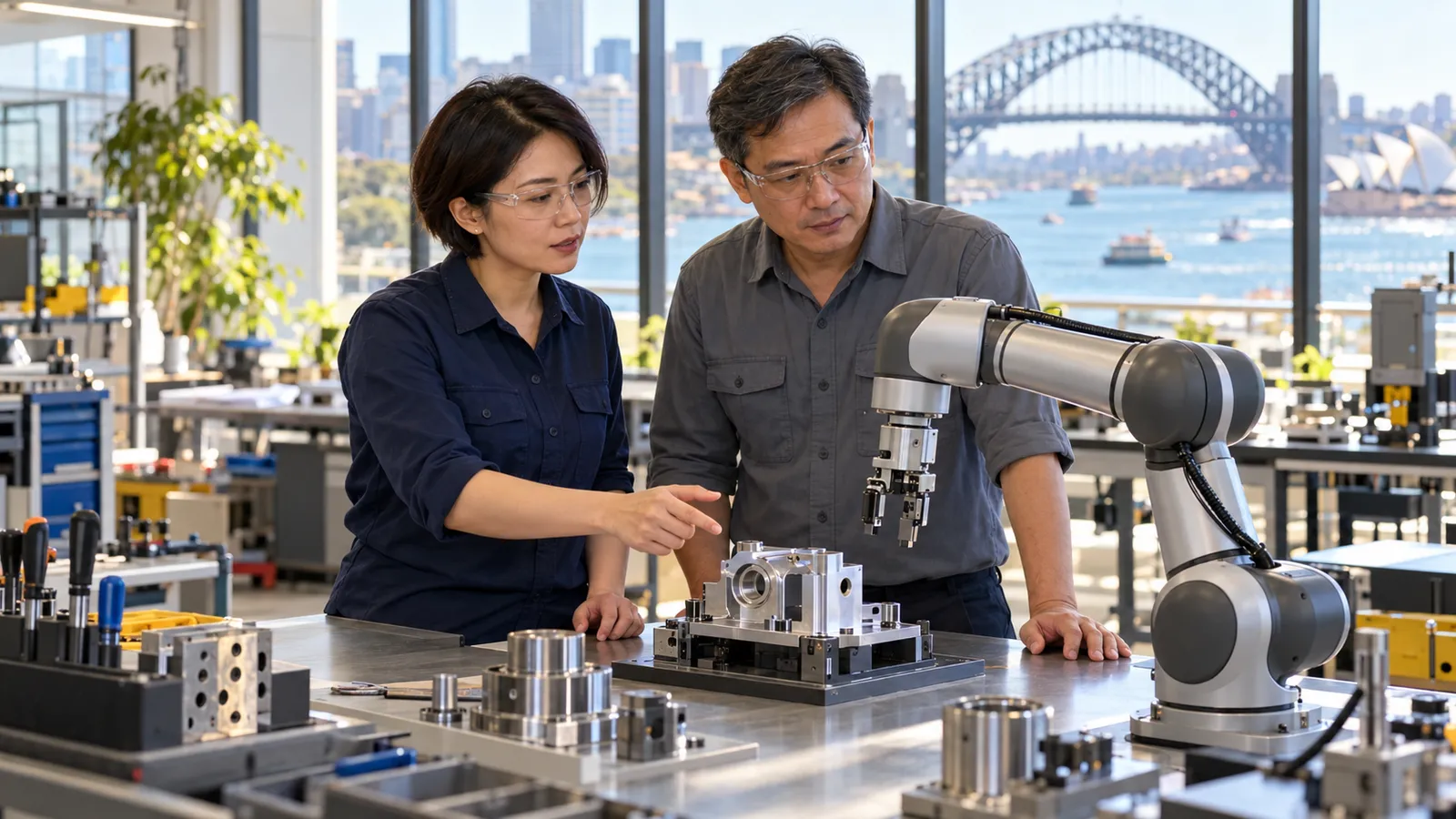 兩位台灣工程師在雪梨港旁的明亮工作室檢視機械手臂與精密零件。