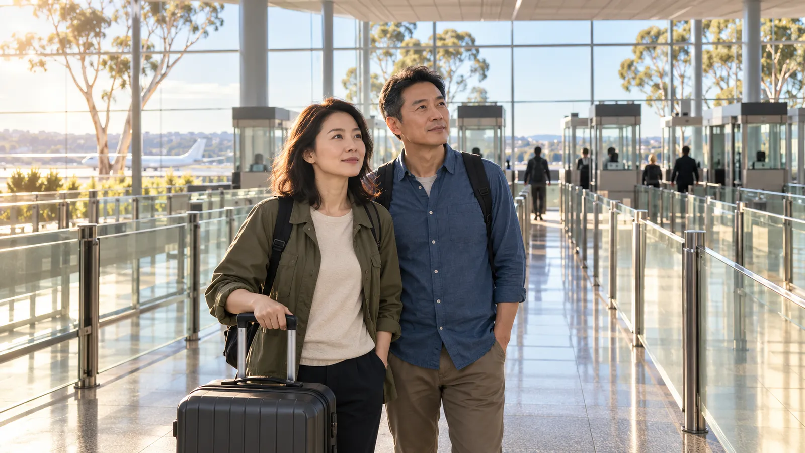 兩名台灣旅客帶著行李站在陽光灑落的機場大廳，平靜望向前方。