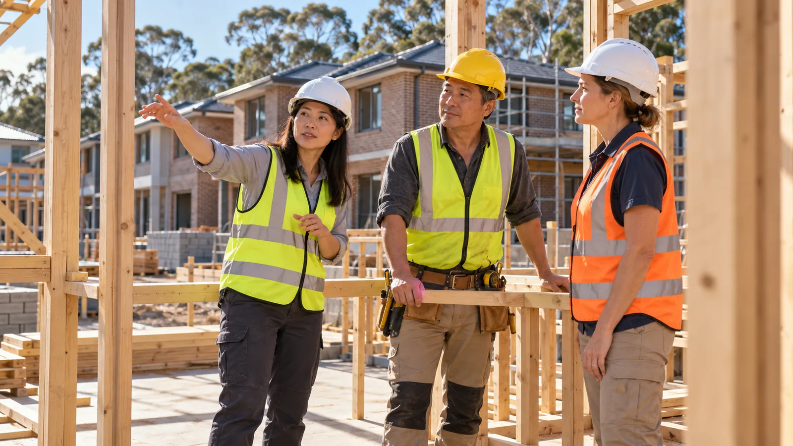 三名戴安全帽、穿反光背心的工作者，在陽光下的澳洲住宅工地討論木構架施工。