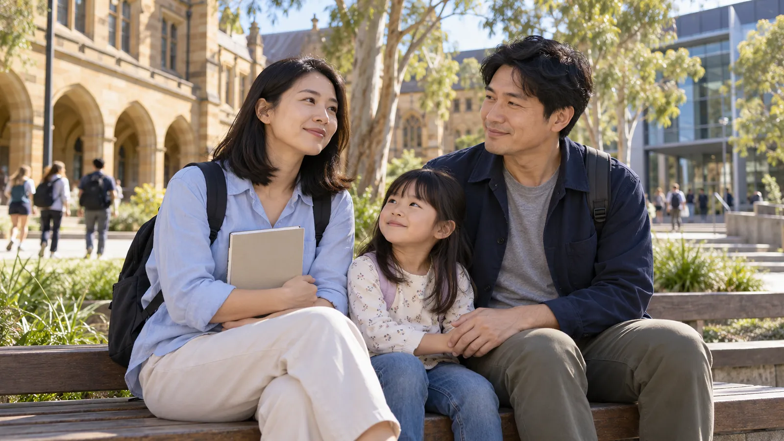 臺灣夫妻與孩子坐在澳洲大學校園的長椅上，在陽光下溫柔相望。