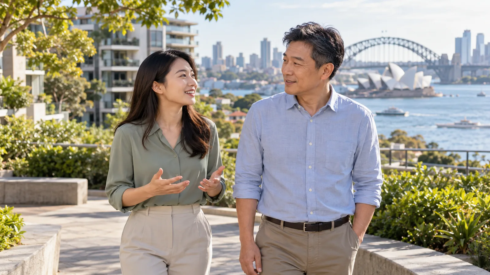 一名台灣女性與一名台灣男性在陽光下的雪梨港畔輕鬆交談，背景可見雪梨歌劇院、港灣大橋與住宅大樓。