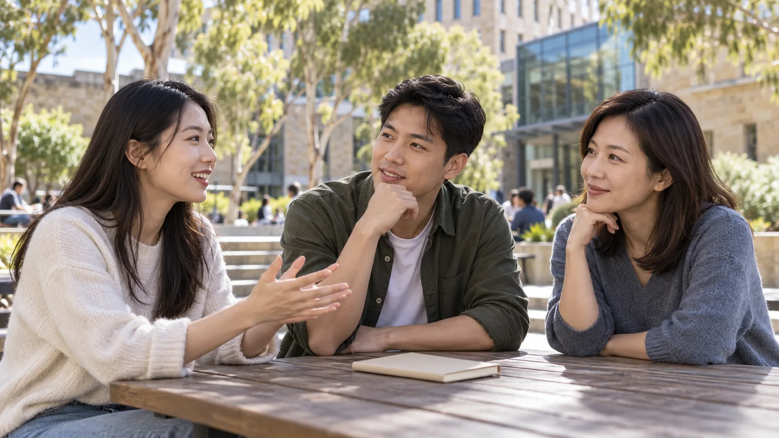 三名臺灣學生坐在澳洲大學校園的戶外木桌旁輕鬆交談，桌上放著一本素面筆記本。