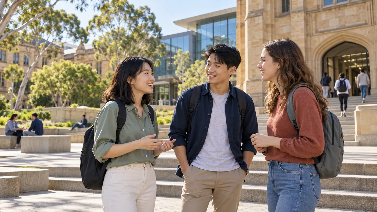 三名背著背包的學生在陽光下的澳洲大學校園階梯前愉快交談。