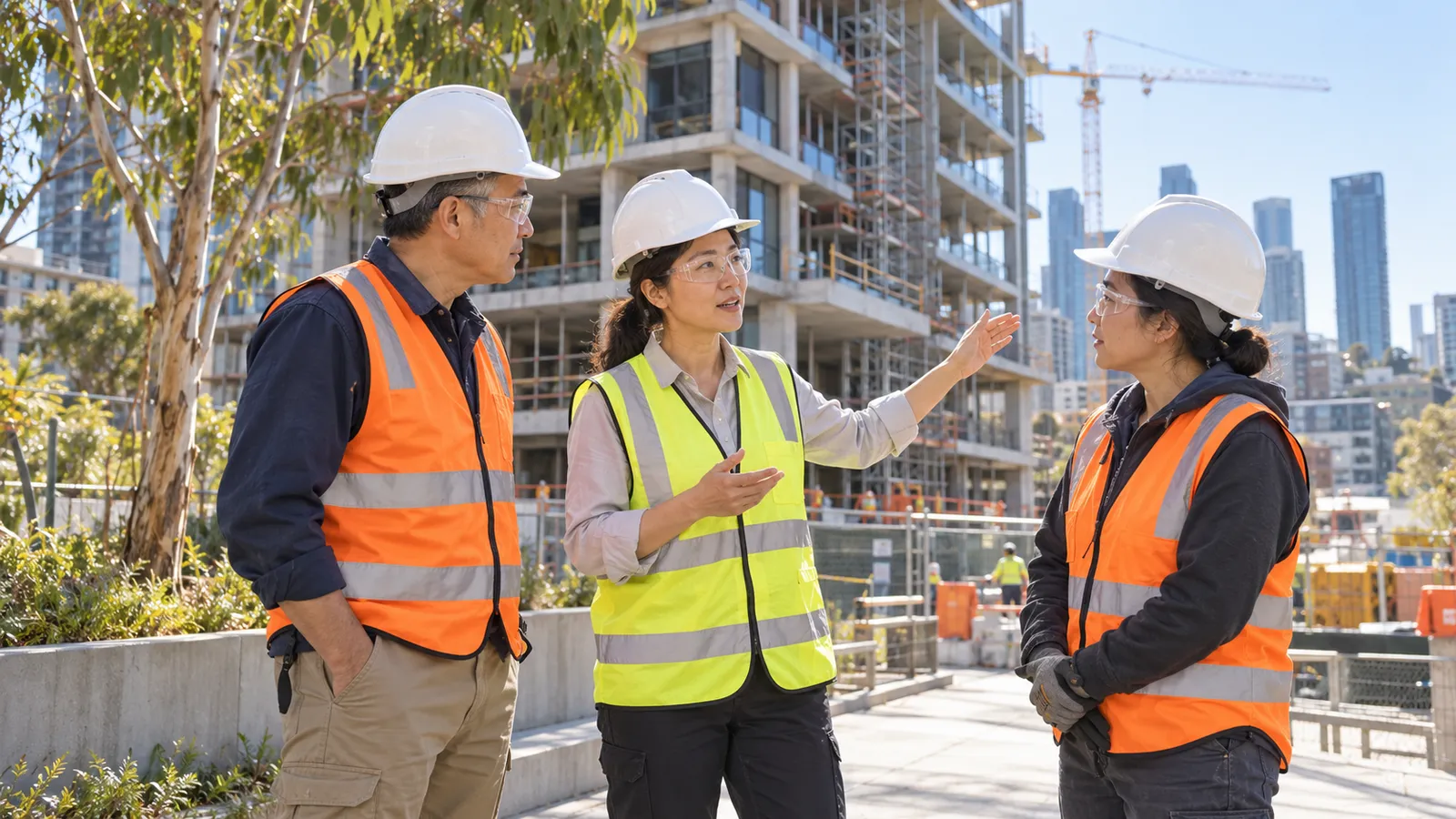 三名戴著安全帽、穿著反光背心的專業人員，在陽光下的澳洲建築工地討論工程。