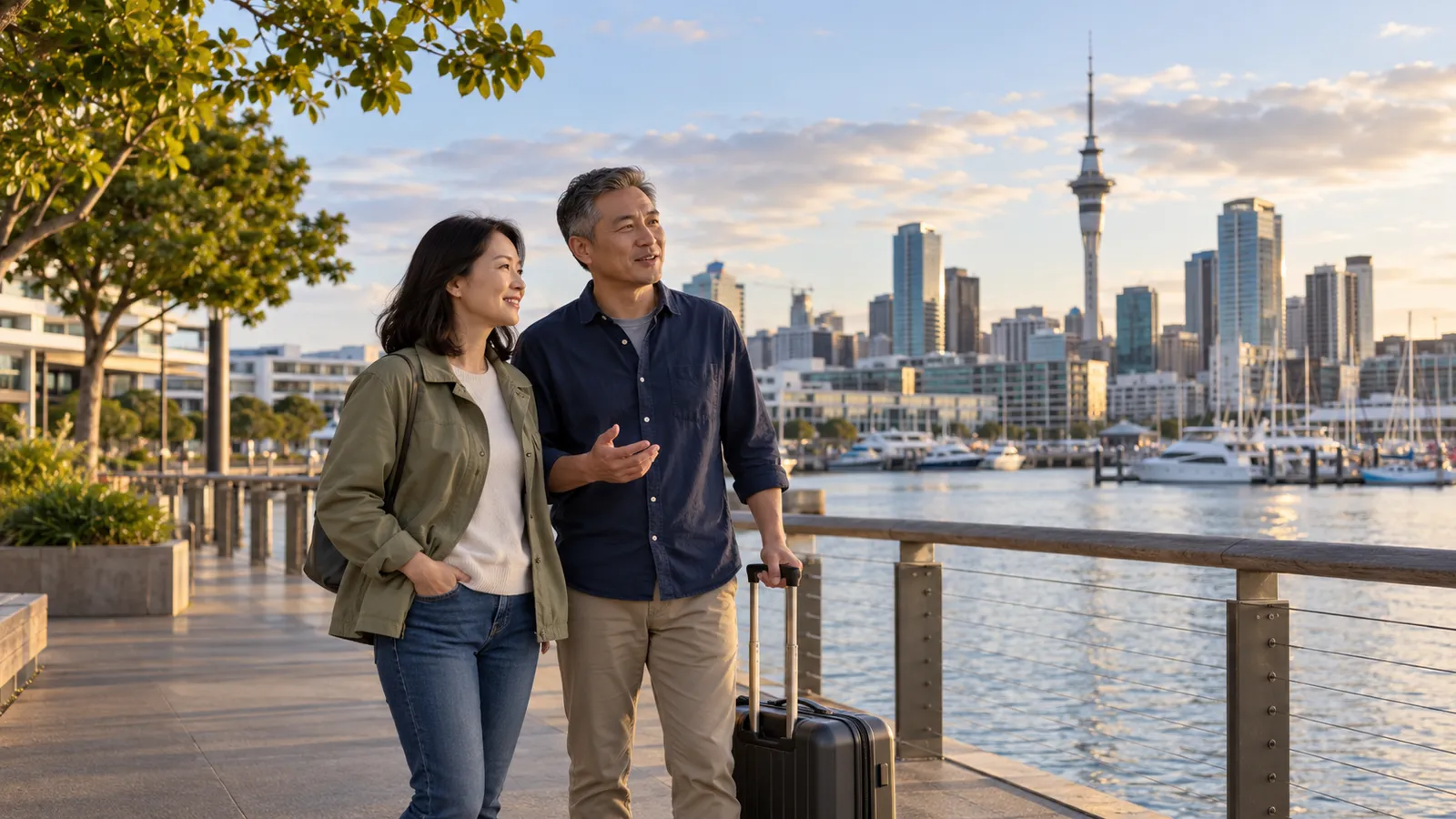 一對台灣伴侶帶著行李箱站在奧克蘭海濱，微笑望向夕陽下的城市天際線。