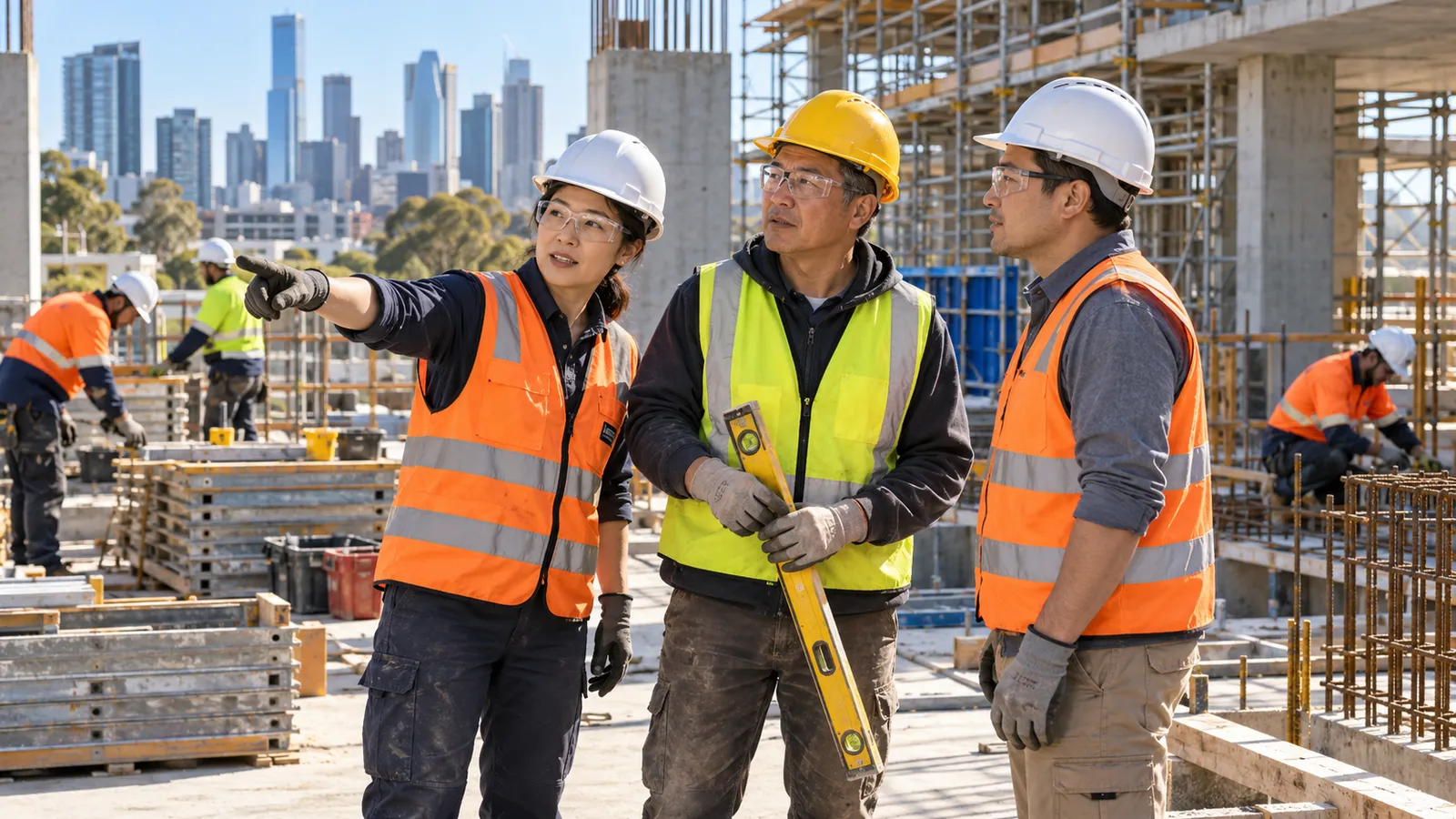 三名穿著反光背心、戴著安全帽的工作者在澳洲工地協調分工，後方團隊正進行施工。