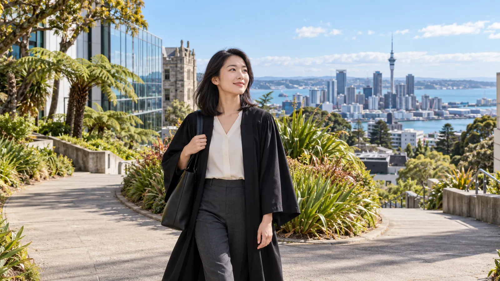 一名穿著畢業袍的台灣女性站在陽光下的校園分岔步道，身後是奧克蘭天際線與海港。