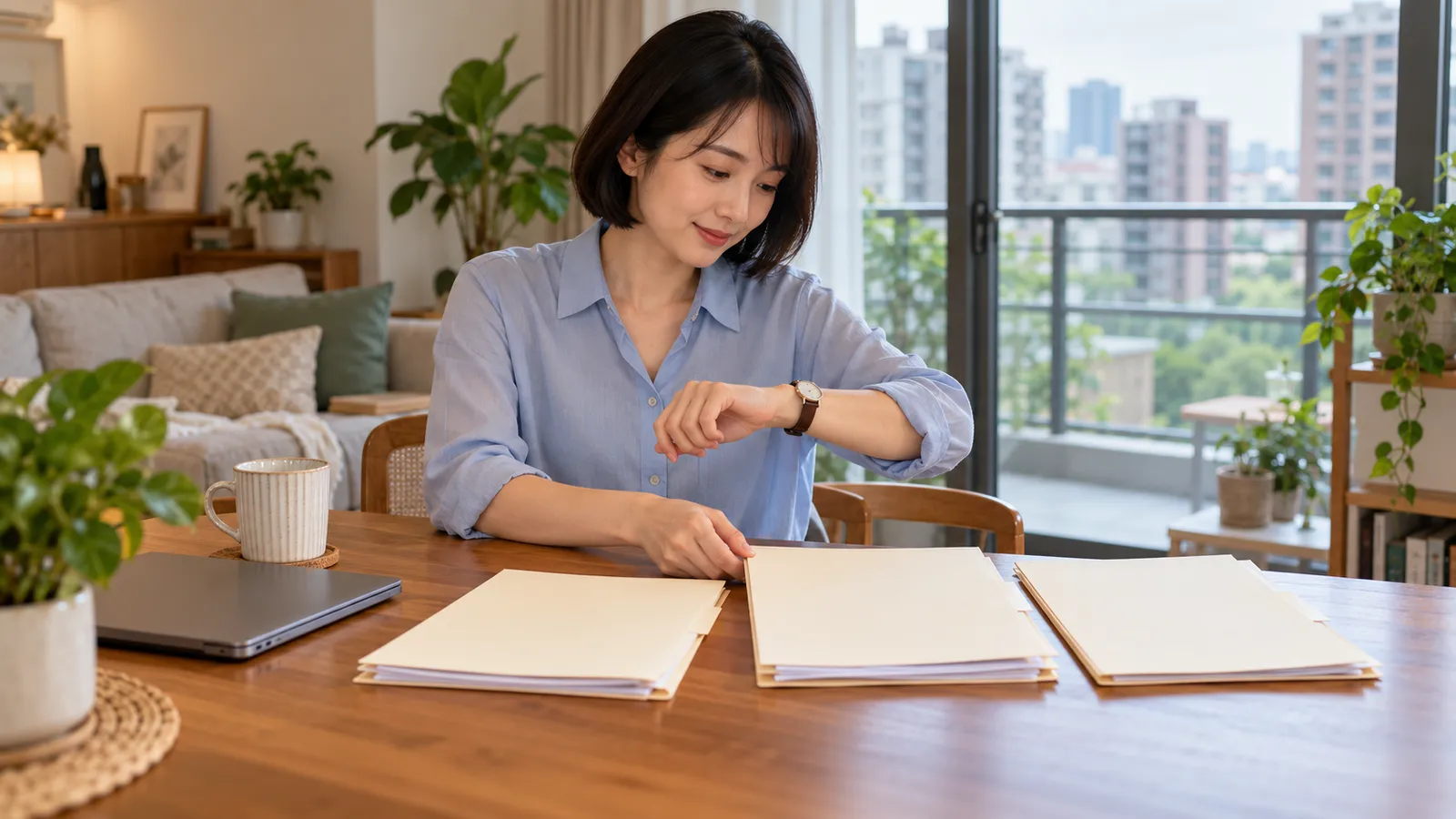一名台灣女子在灑滿自然光的家中整理文件，同時查看手錶。