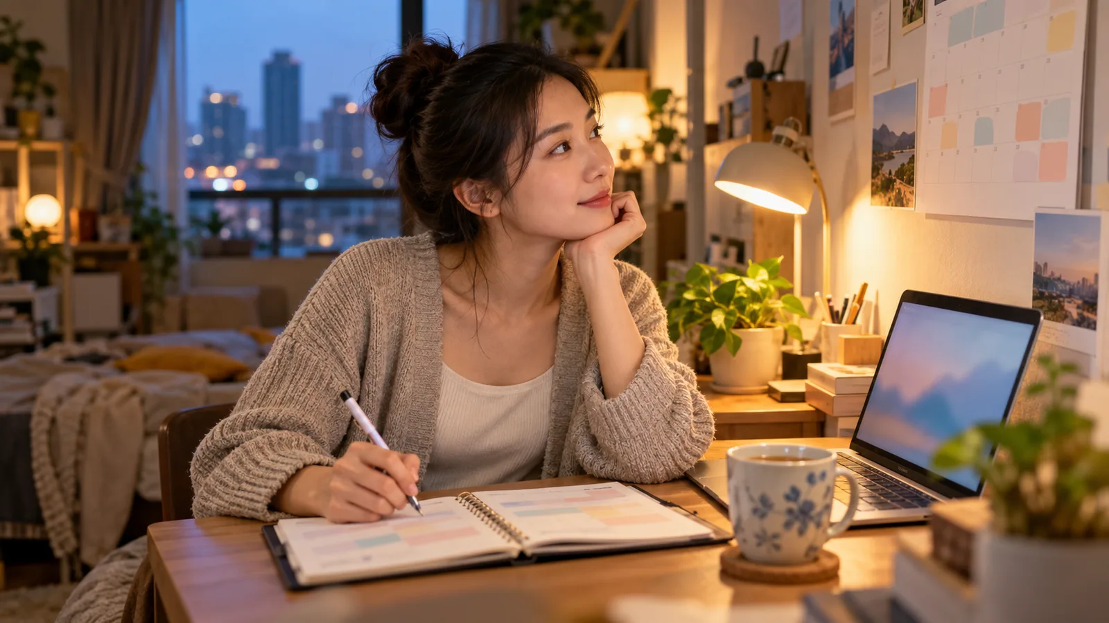 一位台灣女性傍晚坐在家中書桌前，手持筆對照行事曆與牆上月曆，旁邊放著筆電和一杯茶。